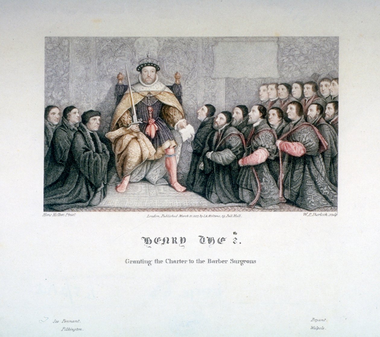منح هنري الثامن الميثاق إلى الحلاقين الجراحين ، القرن السادس عشر ، 1817. بواسطة وليام بي شيرلوك