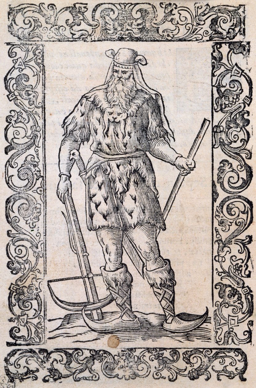 Man with fur dress, crossbow and shoes with twisted tip (example of rudimentary skis), illustration attributed to Cesare Vecellio (1521-1601), published in Italy in 16th century بواسطة الكسندر جبرائيل (بعد) ديكامبس