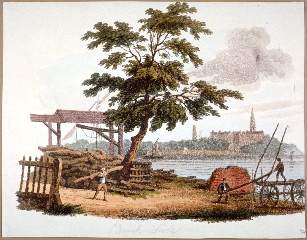 رجال ينقلون الأخشاب في بانكسايد ، ساوثوارك ، لندن ، c1810 بواسطة وليام بيكيت