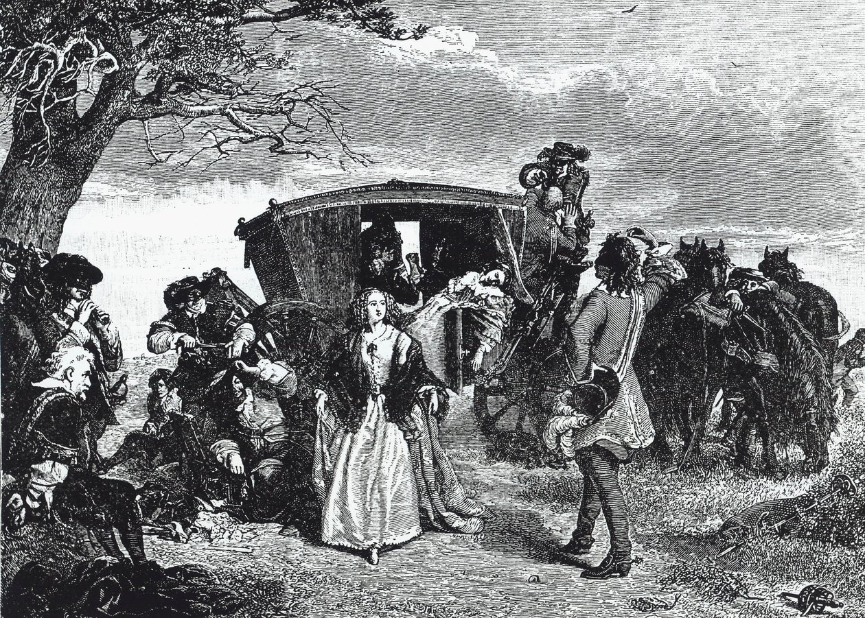 Highwayman Claude Duval depicted in the legendary moment when he declines to take all his loot if the wife of his victim dances a 