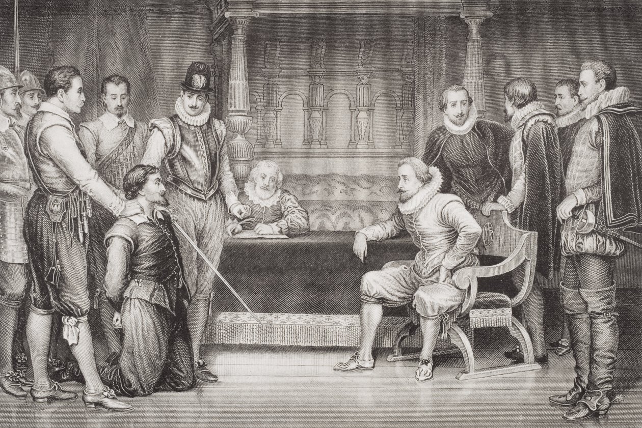 جاي فوكس (1570-1606) استجوبه جيمس الأول (1566-1625) ومجلسه في غرفة نوم الملك ، من "الرسوم التوضيحية الإنجليزية والتاريخ الاسكتلندي" المجلد الأول بواسطة وليام رالستون