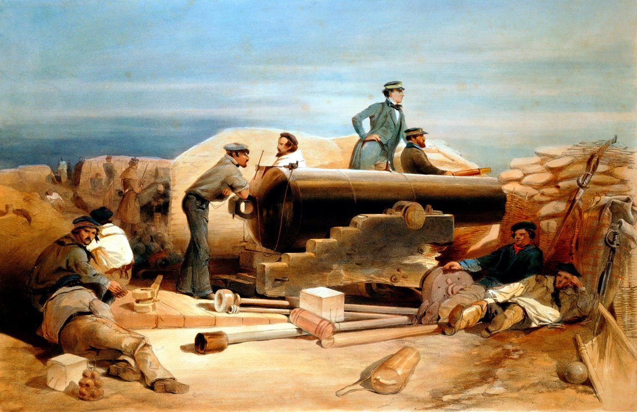 "يوم هادئ في البطارية الماسية - صورة لسفينة لانكستر ذات 68 مدقة" ، حرب القرم 1855-1856 بواسطة وليام سيمبسون