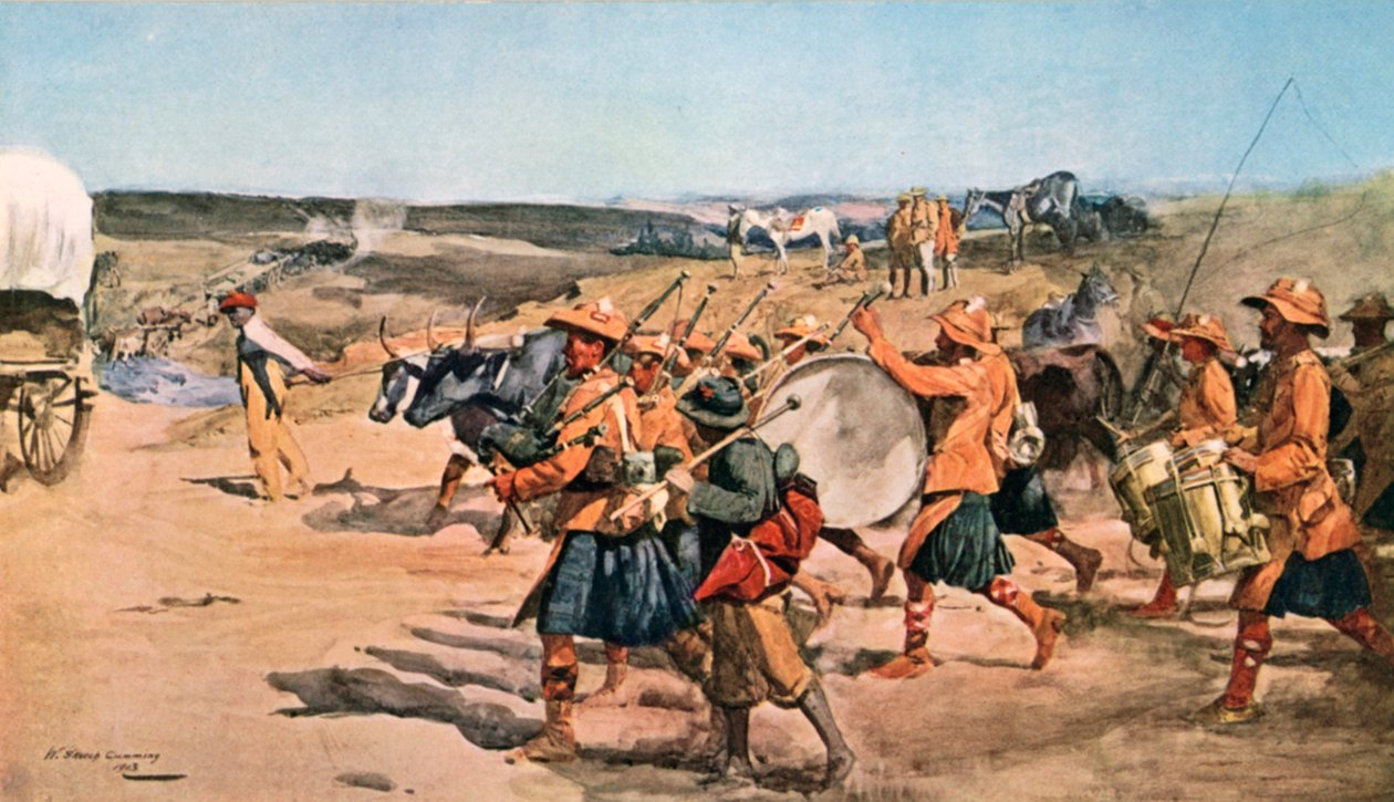 أوفر ذا فيلدت. طبول ومزامير الفرقة 91 (أرجيلشاير) هايلاندرز (طباعة حجرية ملونة) بواسطة وليام سكوتش كومينغ