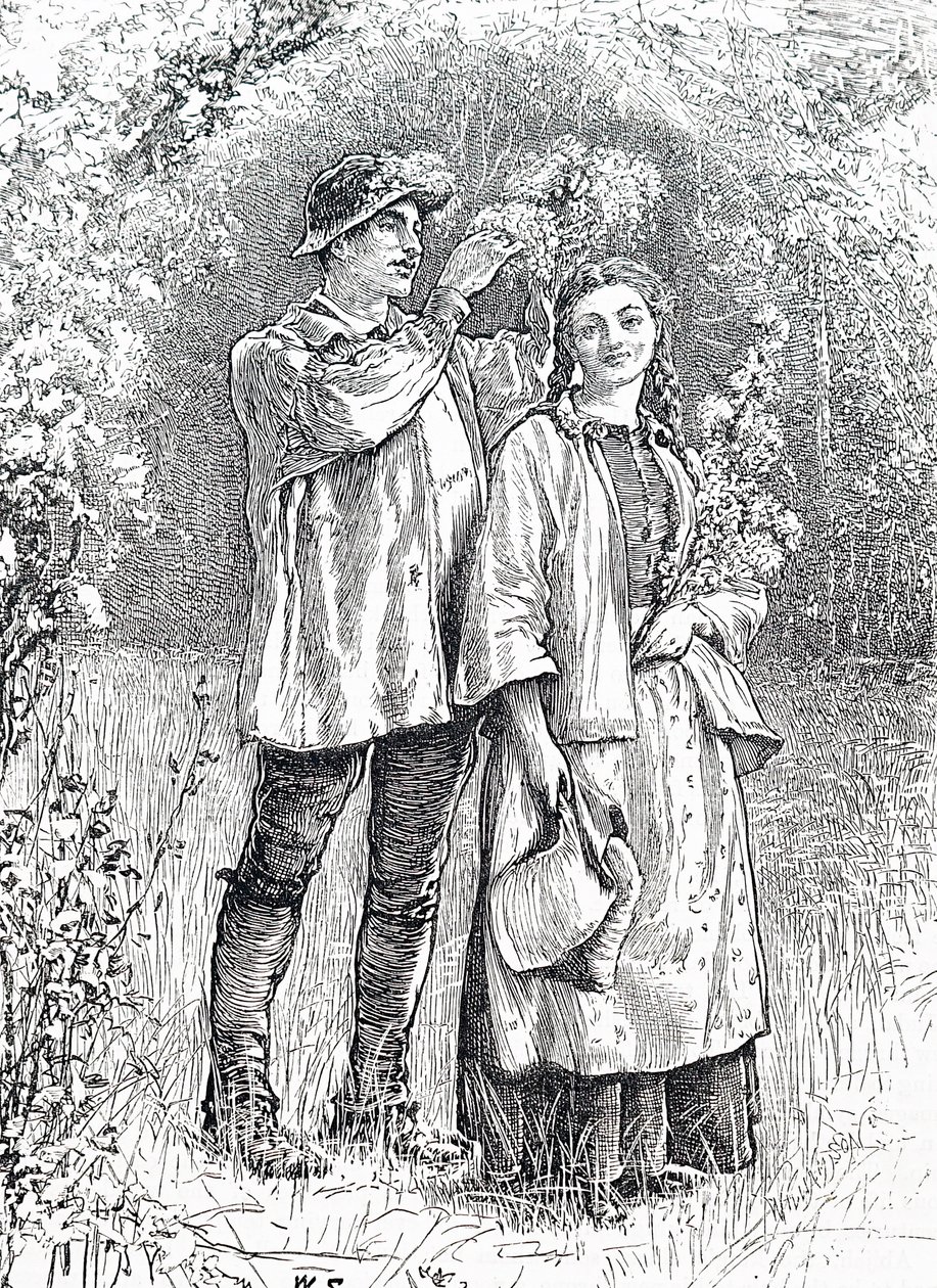 تتويج ملكة مايو بإكليل من الزعرور من حبيبها. بقلم ويليام سمول (1843-1929) رسامًا إنجليزيًا بواسطة وليام سمول