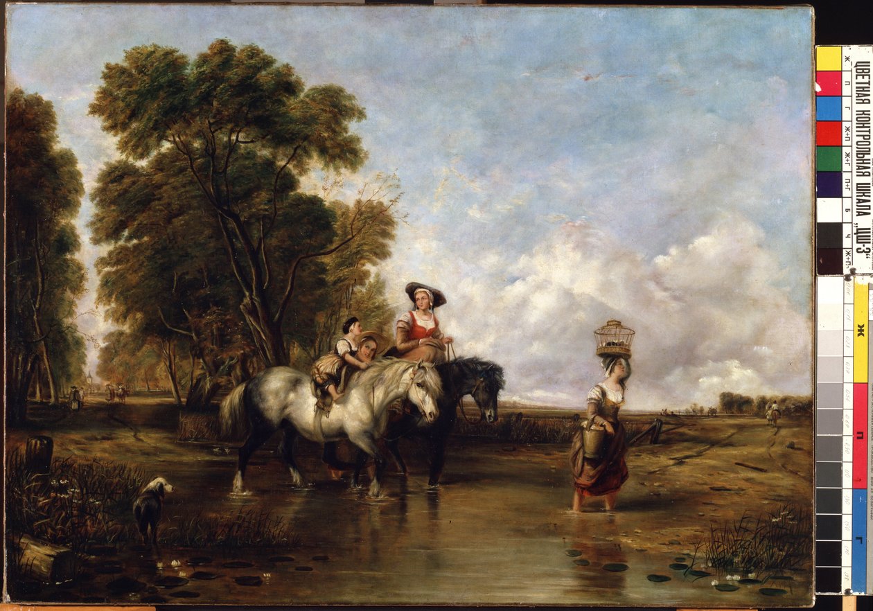 معبر فورد (عبر فورد). لوحة لوليام الأول شاير (1788-1879). زيت على قماش ، 94.5 × 127.5 سم. مدرسة اللغة الإنجليزية في القرن التاسع عشر. متحف الدولة MK Ciurlionis للفنون ، كاوناس (ليتوانيا). بواسطة وليام سنر. شاير