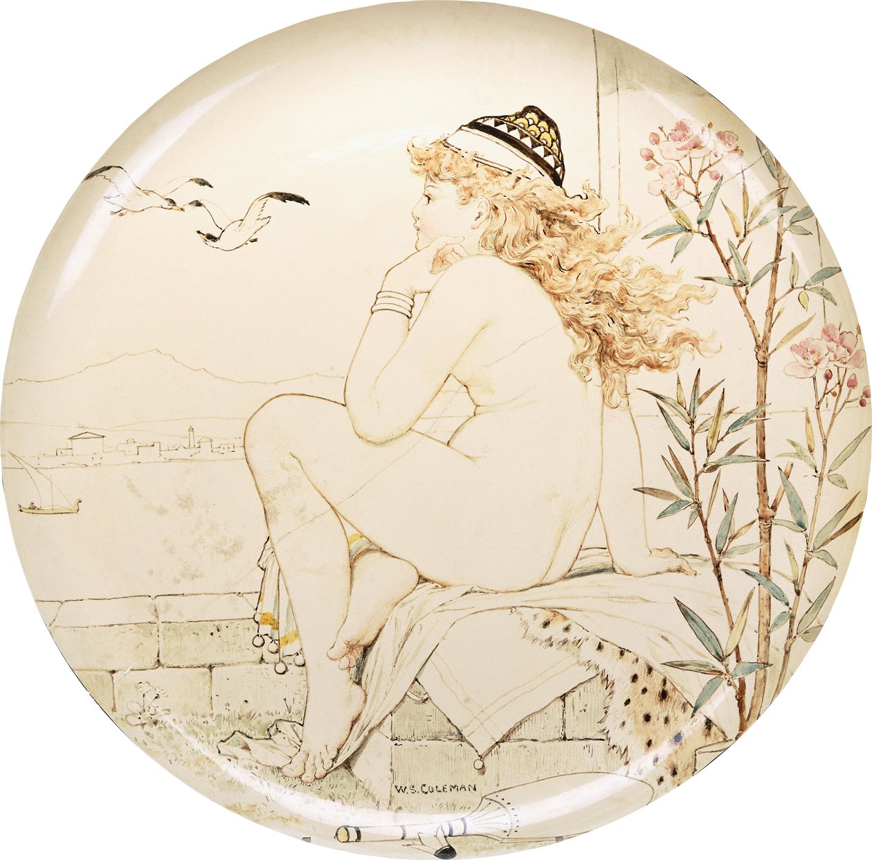 شاحن من Minton Art Pottery Studio ، مطلي بطلاء عاري يحدق في البحر ، القرن التاسع عشر بواسطة وليام ستيفن كولمان