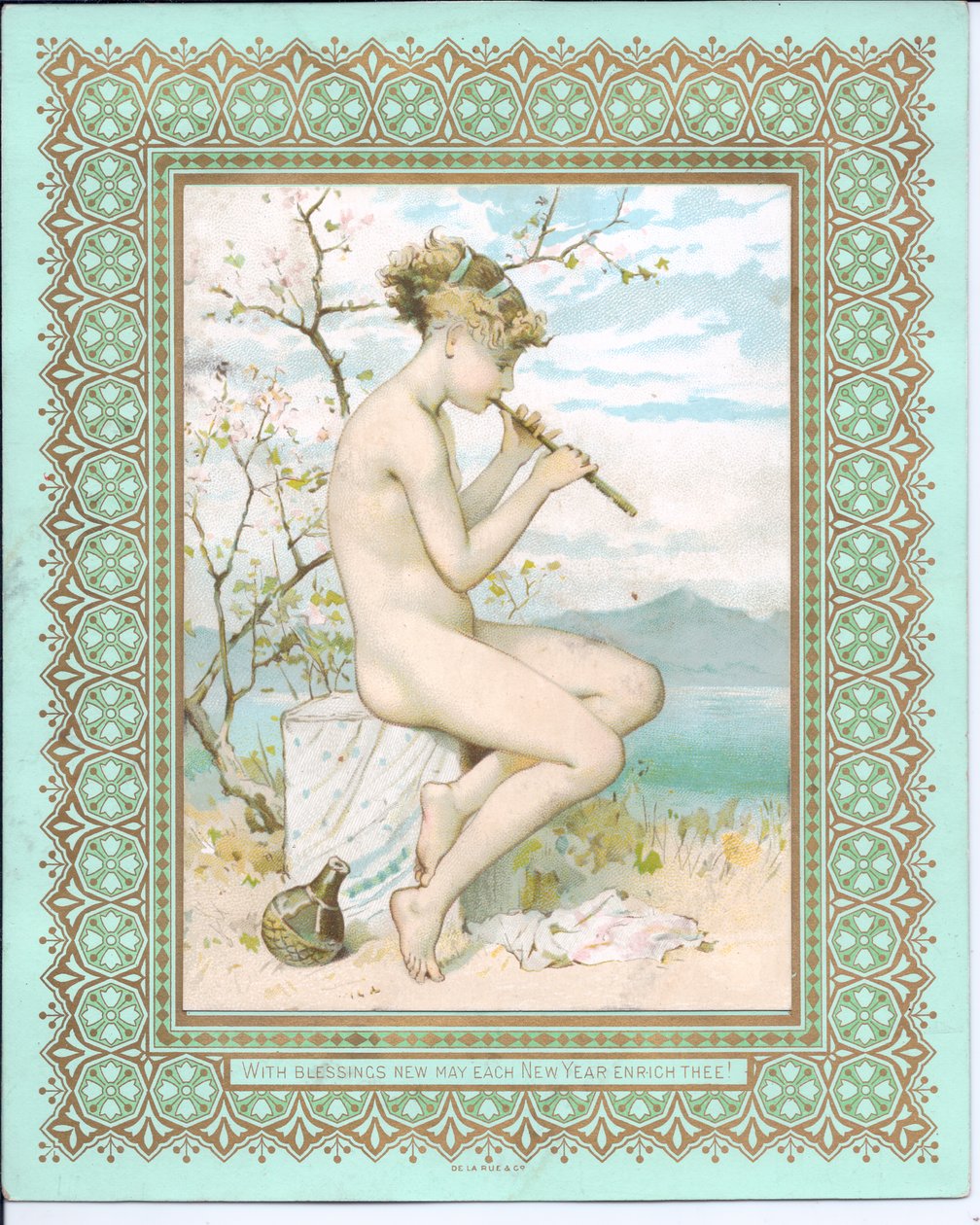 بطاقة السنة الفيكتورية الجديدة لجمال الاستحمام على شاطئ يلعب الناي ، c.1881 بواسطة وليام ستيفن كولمان