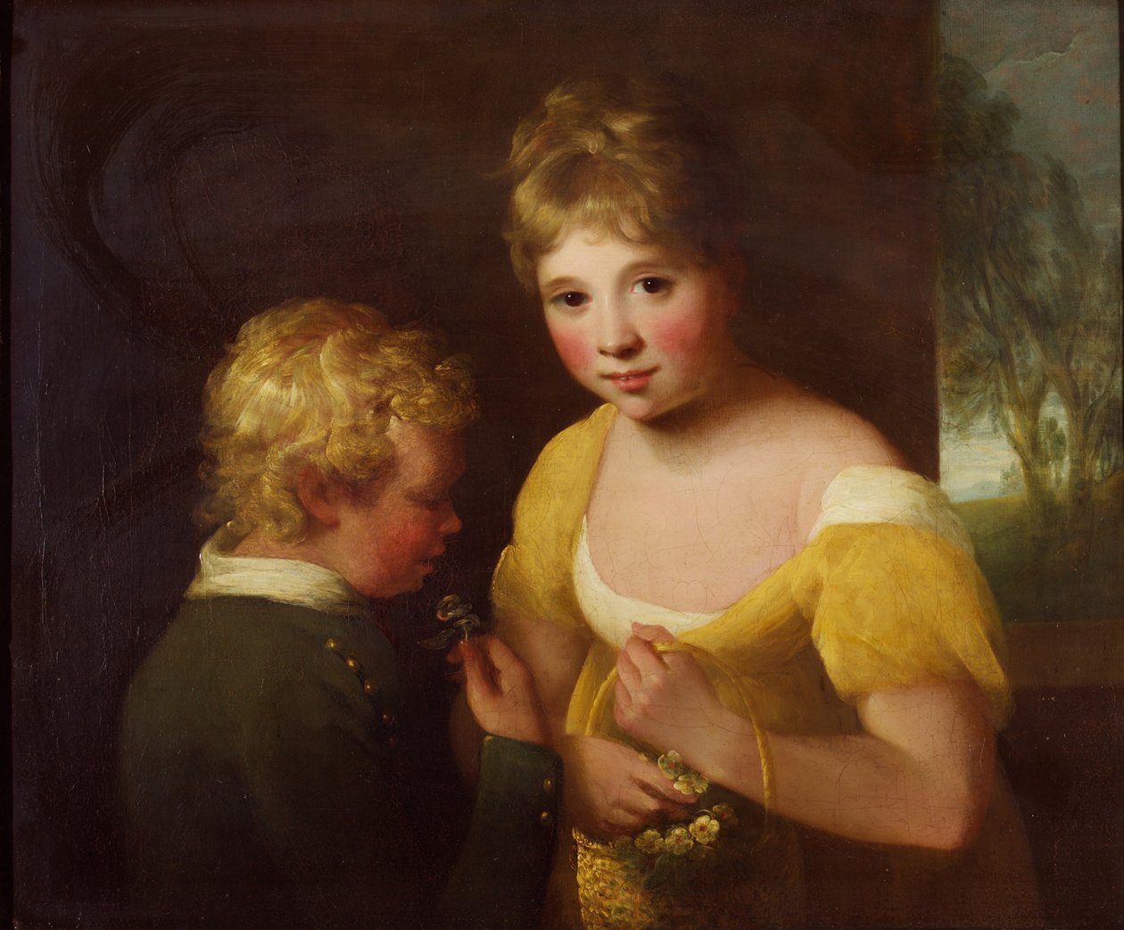 Two children with a basket of flowers (oil on canvas) بواسطة وليام تيت