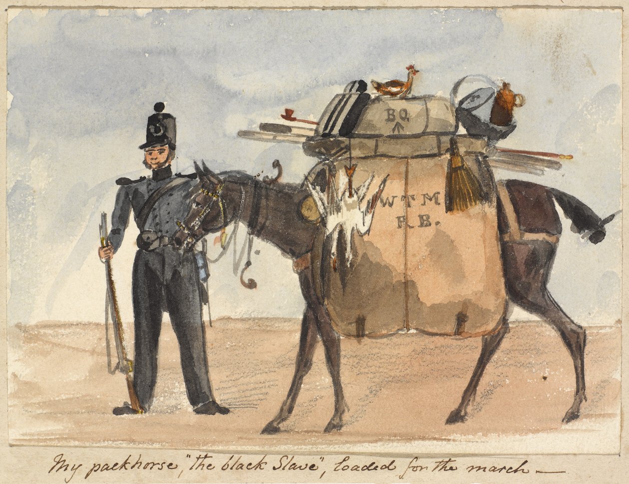 فرس العبيد الخاص بي ، العبد الأسود ، محمّل للمسيرة ، حوالي 1854 (ألوان مائية وقلم رصاص على ورق) بواسطة وليام توماس ماركهام