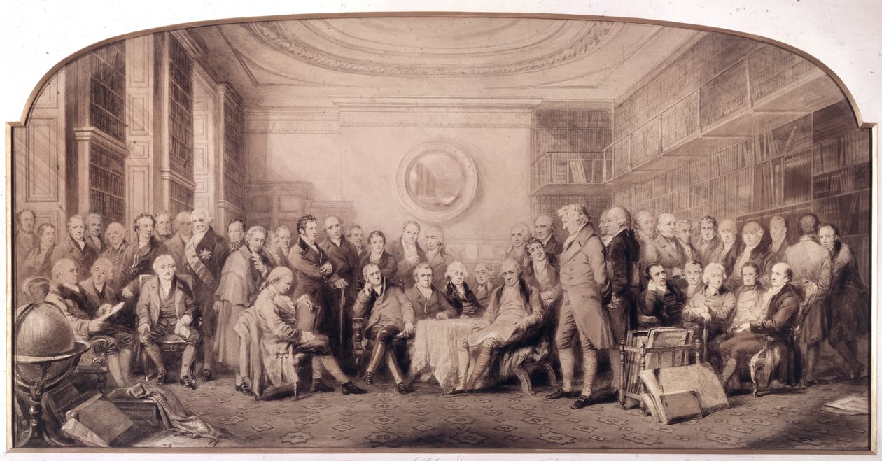 رجال العلم البارزون 1807-1808. لقاء في مكتبة المعهد الملكي للعلوم بإنجلترا. نقش وليام والكر والسير جون جيلبرت (1817 - 1897) - رجال العلوم البارزون الذين يعيشون في عام 1807 - رجال العلم البارزون بواسطة وليام ووكر