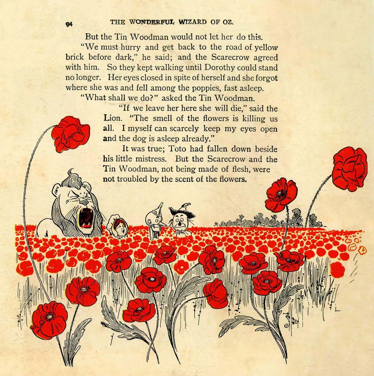 The Wonderful Wizard of Oz - chapter VIII: the deadly poppy field - The Wizard of Oz: chapter 8 - a page illustrated by Denslow, William Wallace (1856-1915) of the first edition 1900 of Frank Baum