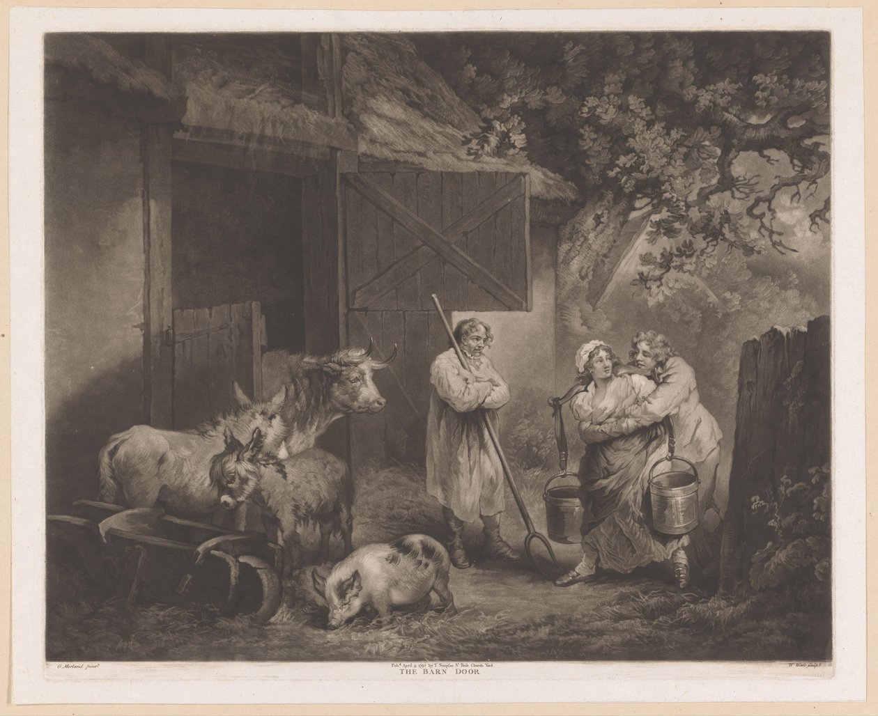 Milkmaid واثنين من عمال المزارع في الاسطبل باب الحظيرة (العنوان على الكائن) بواسطة وليام وارد