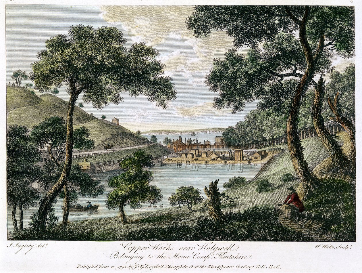 أعمال النحاس بالقرب من هوليويل ، فلينتشاير ، ويلز مملوكة لشركة منى ، 1792 بواسطة وليام واتس