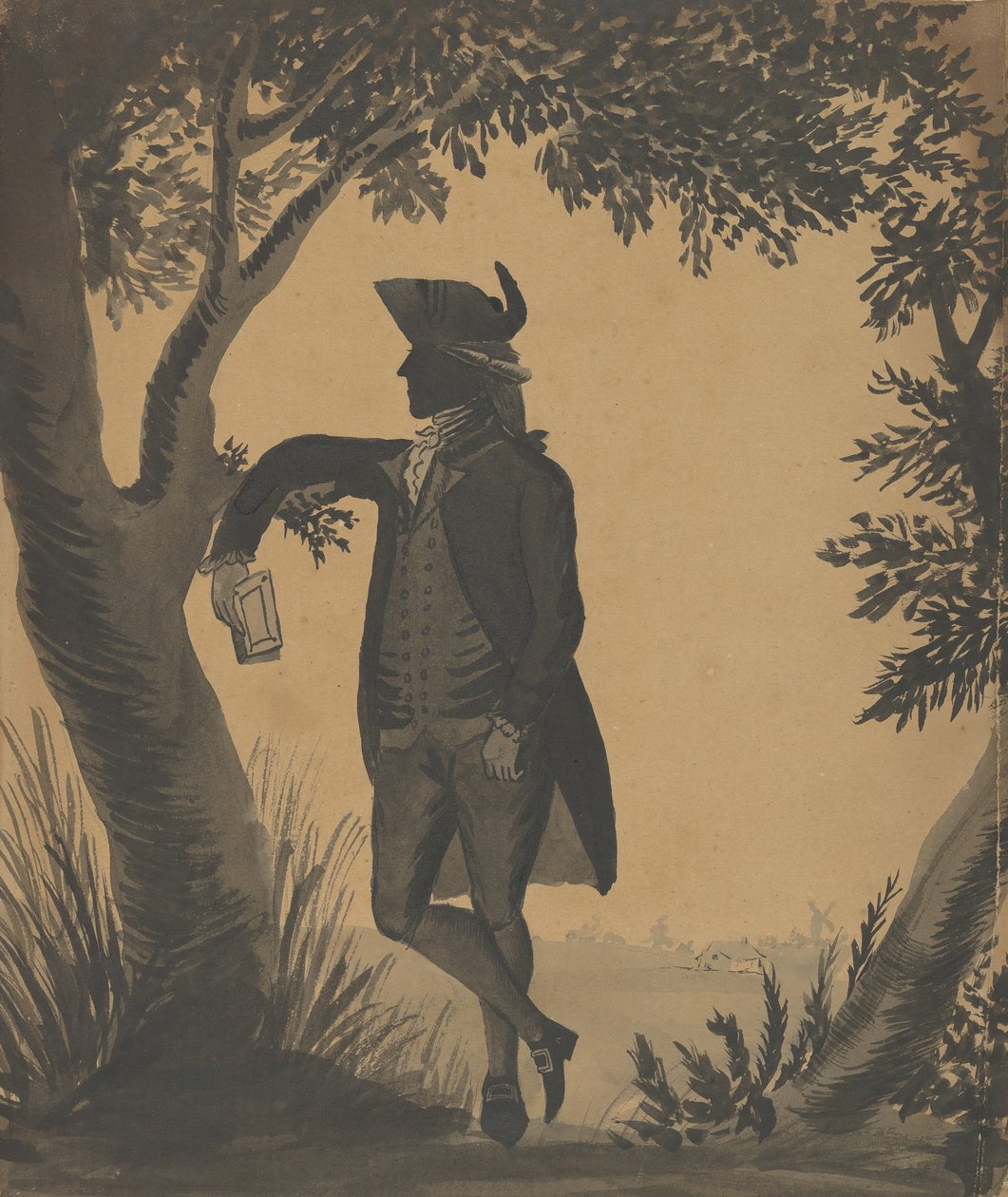 شاب متكئ على شجرة مع كتاب ، كاليفورنيا. 1780-89. بواسطة وليام ويلينجز