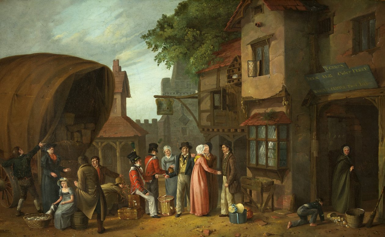 مشهد خارج نزل ، ربما في Congresbury ، Somerset ، حوالي عام 1824 (زيت على لوح) بواسطة وليام ويست