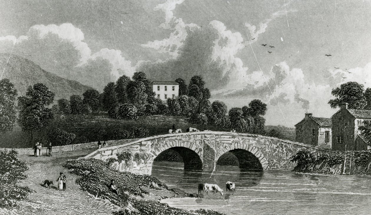 قاعة غريتا وجسر كيسويك ، نقشها E. فرانسيس ، 1842 بواسطة وليام ويستال