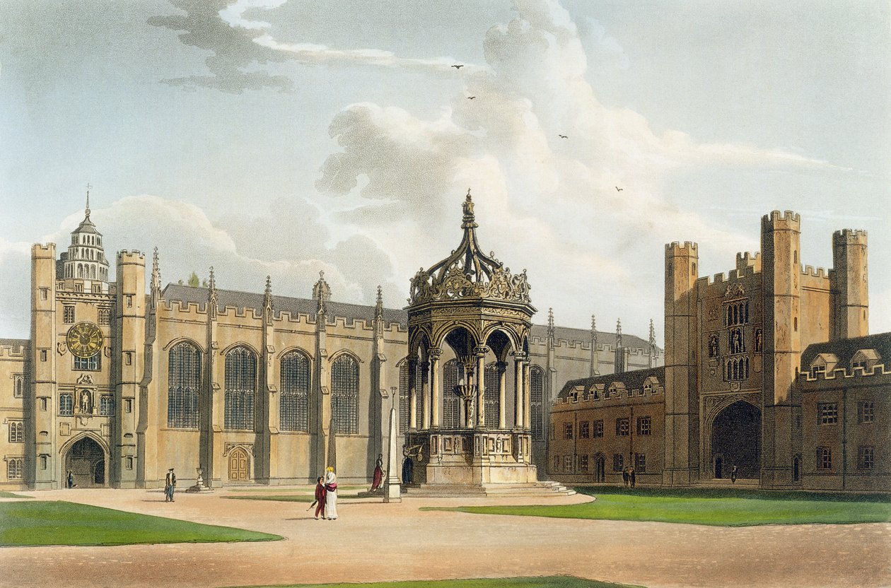 The Court of Trinity College ، كامبريدج ، من "تاريخ كامبريدج" ، منقوش بواسطة جيه.بلوك (fl.1791-1831) ، حانة. بواسطة R. Ackermann ، 1815 (ألوان مائية) بواسطة وليام ويستال