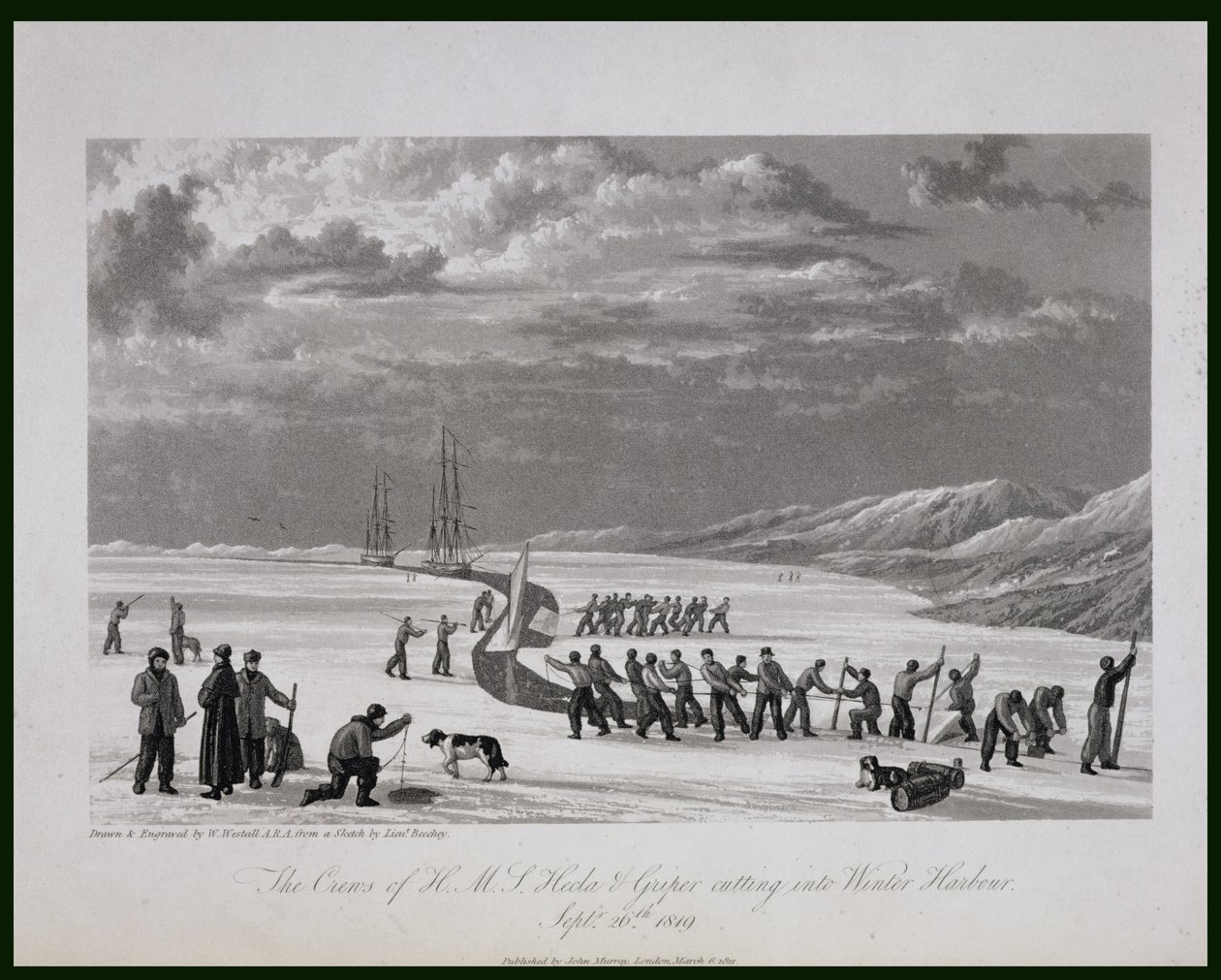 طواقم HMS Hecla und Griper تقطع في وينتر هاربور ، 26 سبتمبر 1819 ، من "مجلة رحلة لاكتشاف ممر شمالي غربي من المحيط الأطلسي إلى المحيط الهادئ تم إجراؤها في بواسطة وليام ويستال