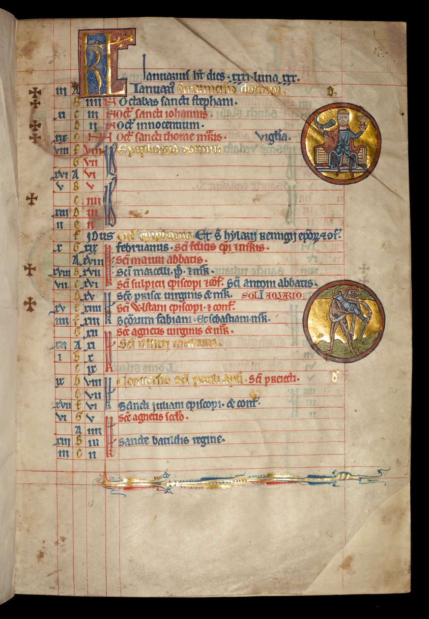 السيدة 322 f.1r January ، رجل ثلاثي الرؤوس يشرب ، رسم توضيحي من "مزامير De Brailes" ، ج .1250 بواسطة وليام دي برايلز