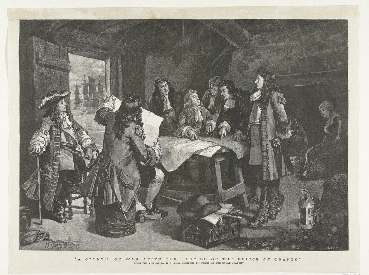 فيليم الثالث عقد مجلس حرب في كوخ صياد ، 1688 مجلس حرب بعد هبوط أمير أورانج (العنوان على الشيء) بواسطة ويليامسون