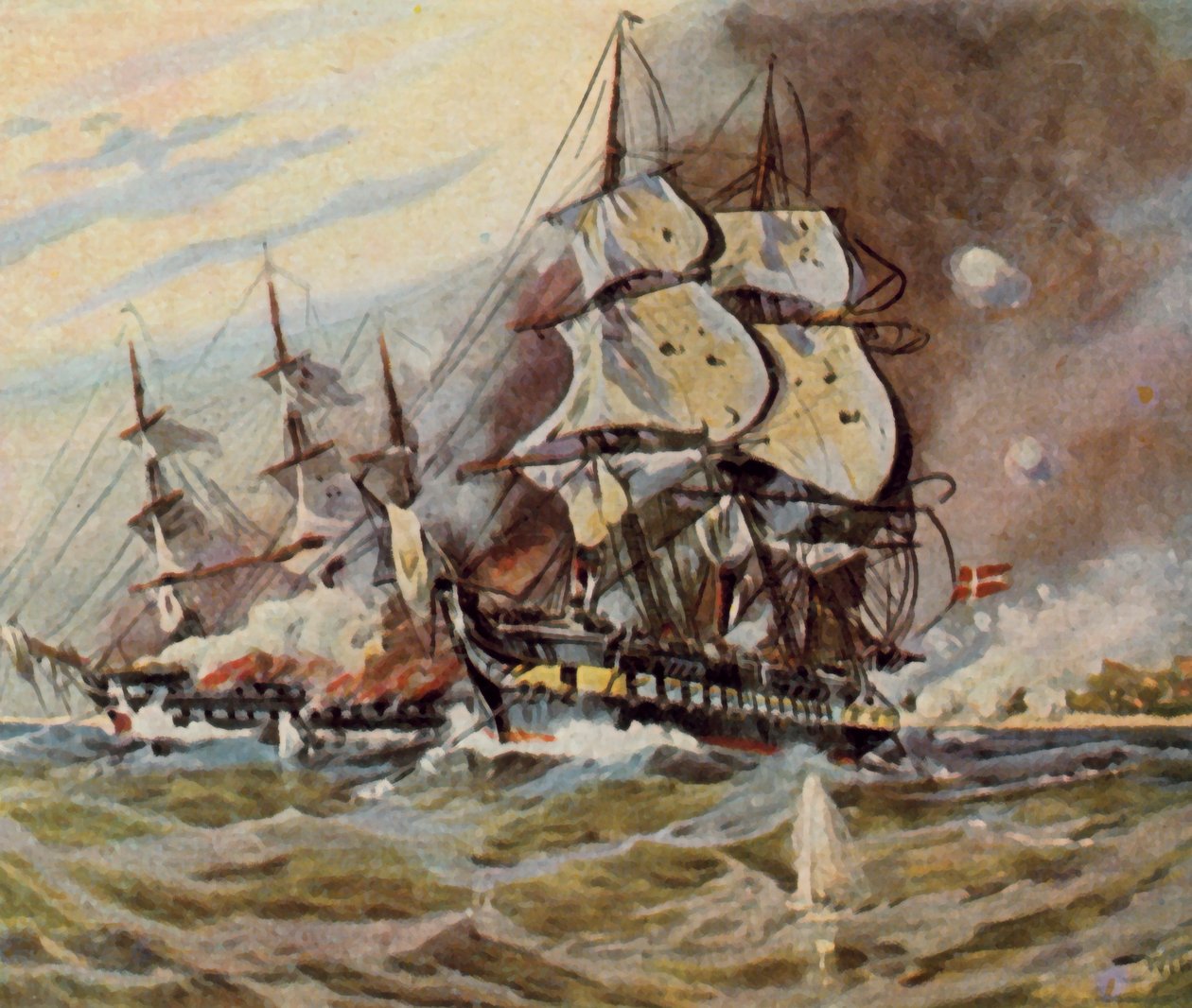 بطاريات الشاطئ الألماني بالقرب من إيكرنفوردي، 5 أبريل 1849 (صورة حجرية ملونة محسنة) بواسطة ويلي ستور