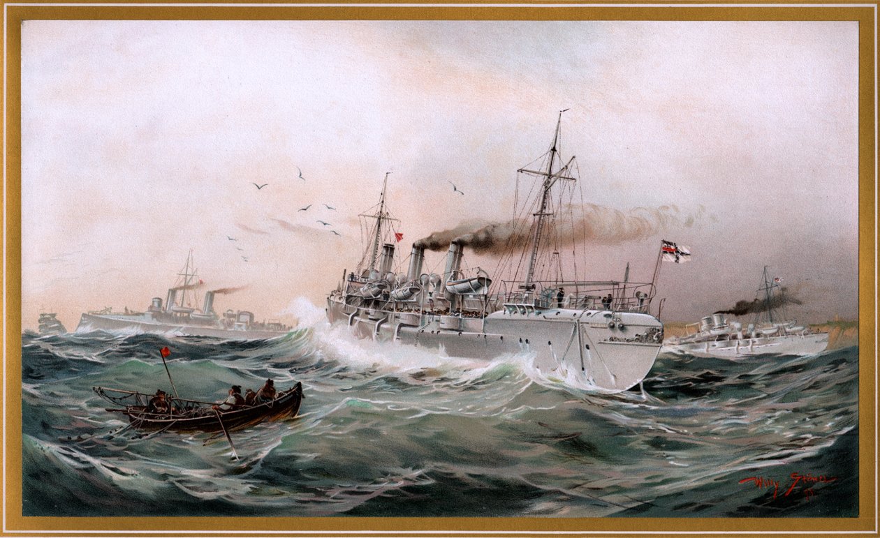 Kaiserliche Marine Griffin و Meteor و Jagd ينظرون إلى بلدة الثدي ، الطباعة الحجرية الملونة بواسطة Willy Stöwer 1894 ، nr9 من G. Wislicenus ، Unsre Kriegsmarine. بواسطة ويلي ستور