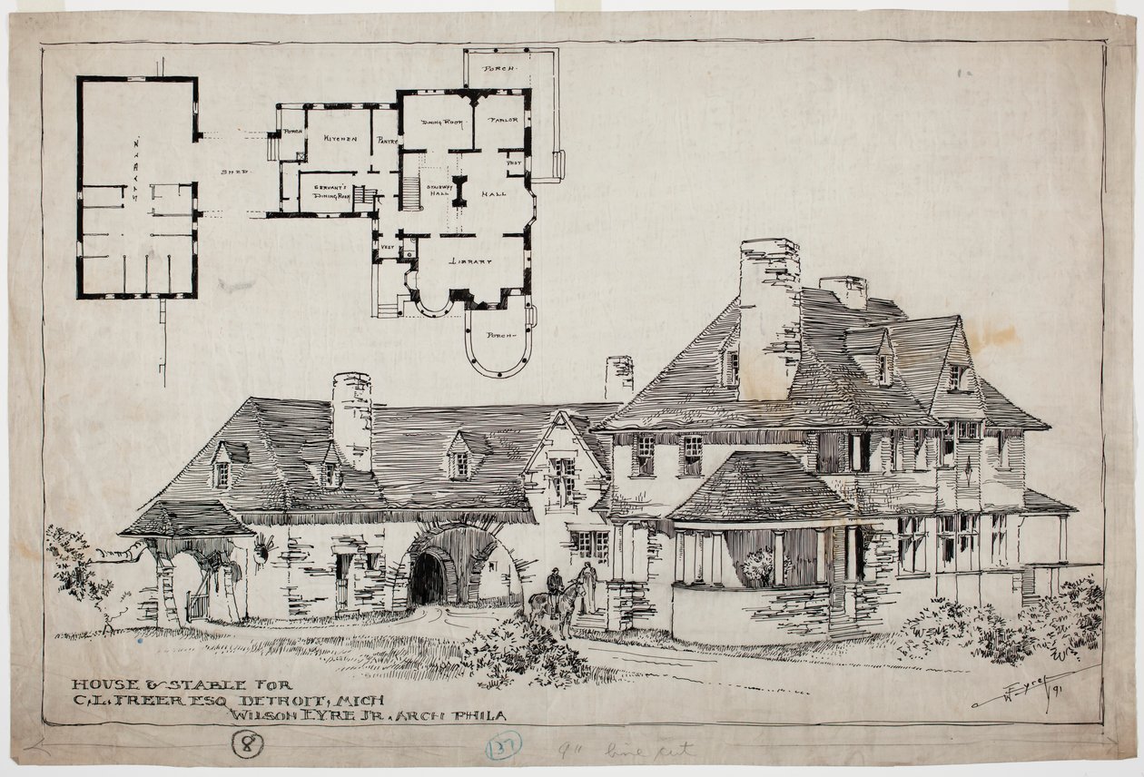 Freer Residence، House and Stable، 1891 (قلم وحبر فوق قلم رصاص على ورق) بواسطة ويلسون اير
