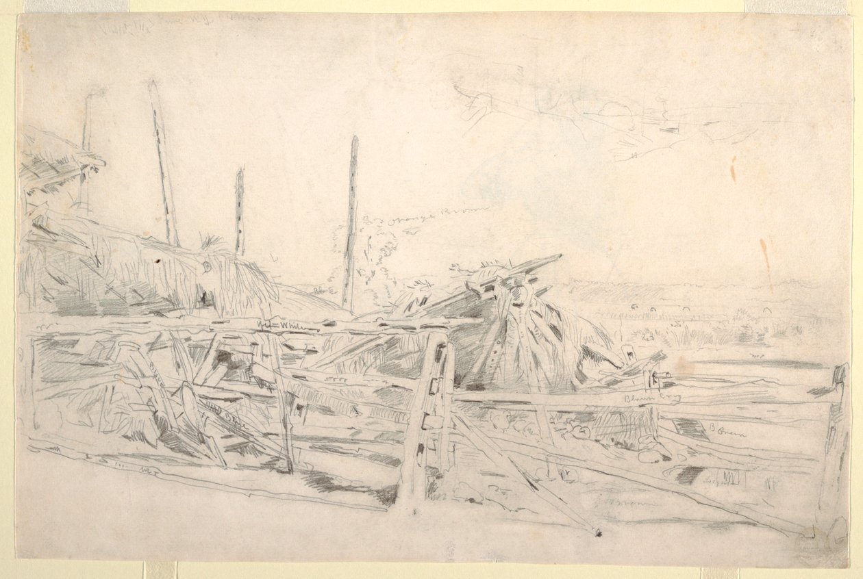 رسم ، كومة قش وسياج السكك الحديدية ، كاليفورنيا. 1870 بواسطة وينسلو هومر