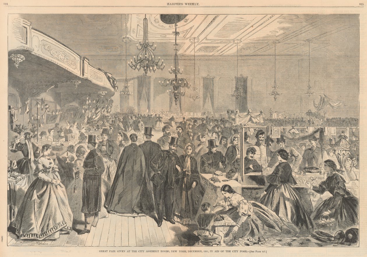 معرض كبير أقيم في غرف التجمع بالمدينة ، نيويورك ، ديسمبر 1861 ، لمساعدة فقراء المدينة ؛ من هاربر بواسطة وينسلو هومر