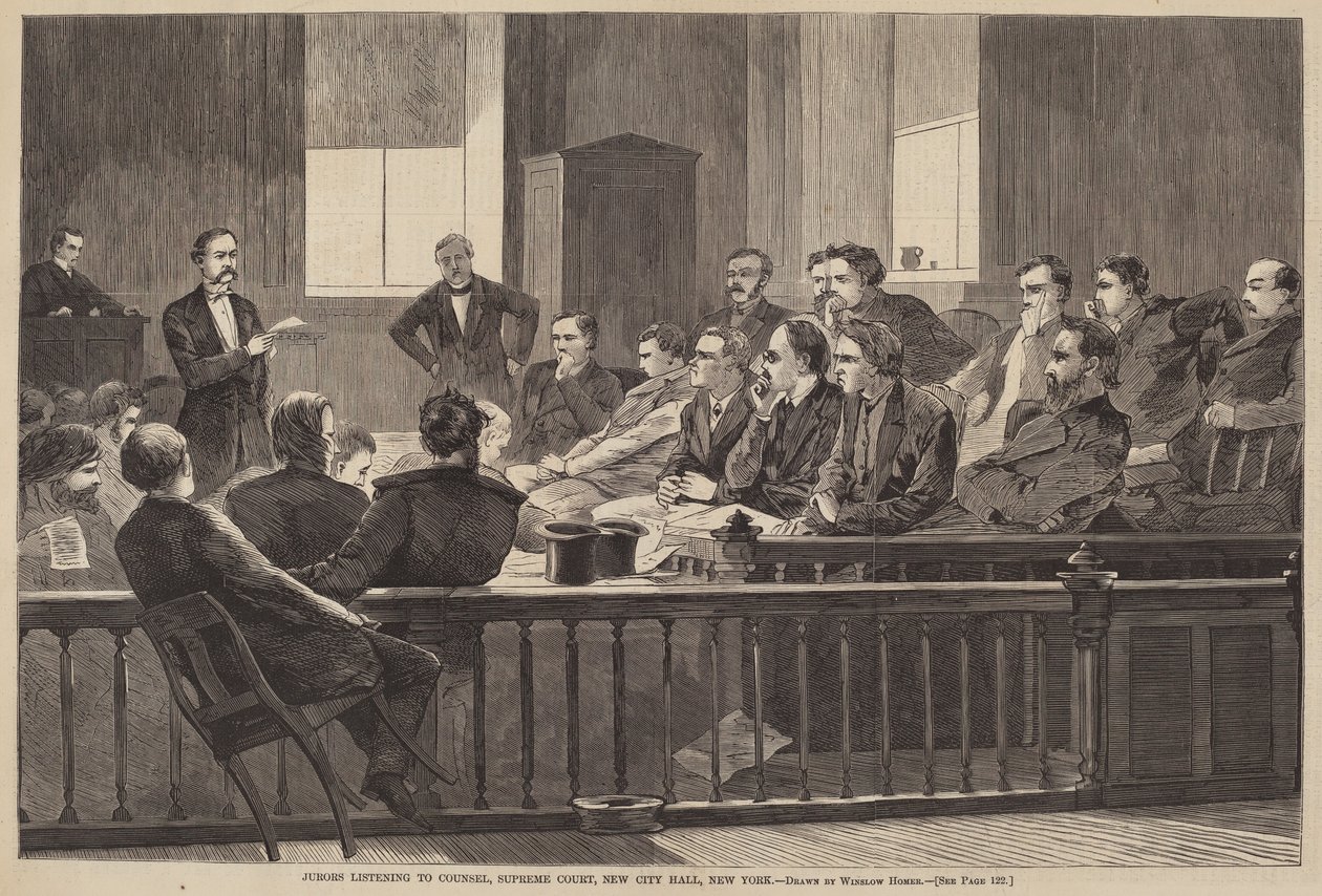 المحلفون يستمعون إلى المستشار ، المحكمة العليا ، نيو سيتي هول ، نيويورك ، تم نشره عام 1869. بواسطة وينسلو هومر