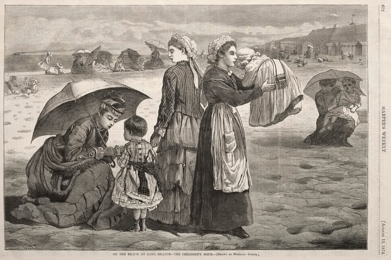 على الشاطئ في فرع طويل - ساعة الطفل ، 1874. بواسطة وينسلو هومر