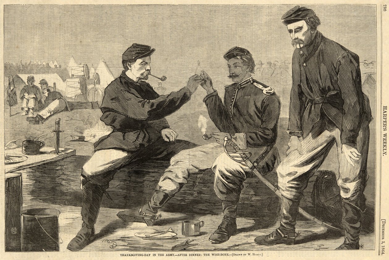 يوم عيد الشكر في الجيش - بعد العشاء: The WishBone ، من حانة Harpers Weekly. 1864 بواسطة وينسلو هومر