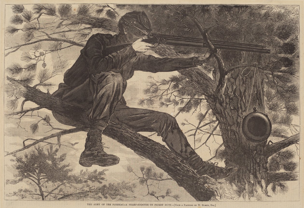 The Army of the Potomac - A Sharp-Shooter on Picket Duty ، نُشر عام 1862. بواسطة وينسلو هومر