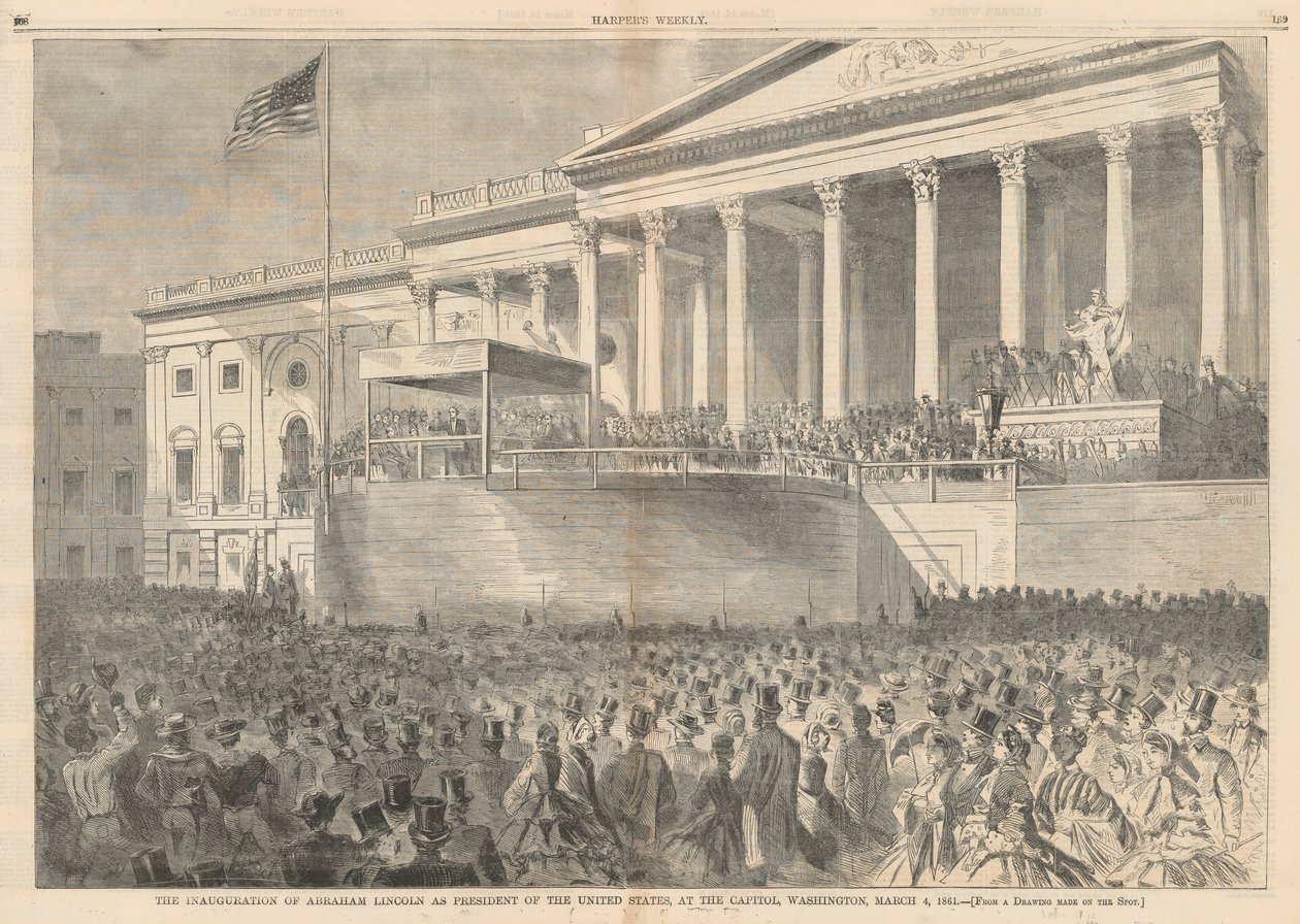 تنصيب أبراهام لنكولن كرئيس للولايات المتحدة ، في مبنى الكابيتول بواشنطن ، 4 مارس 1861 ؛ من هاربر بواسطة وينسلو هومر