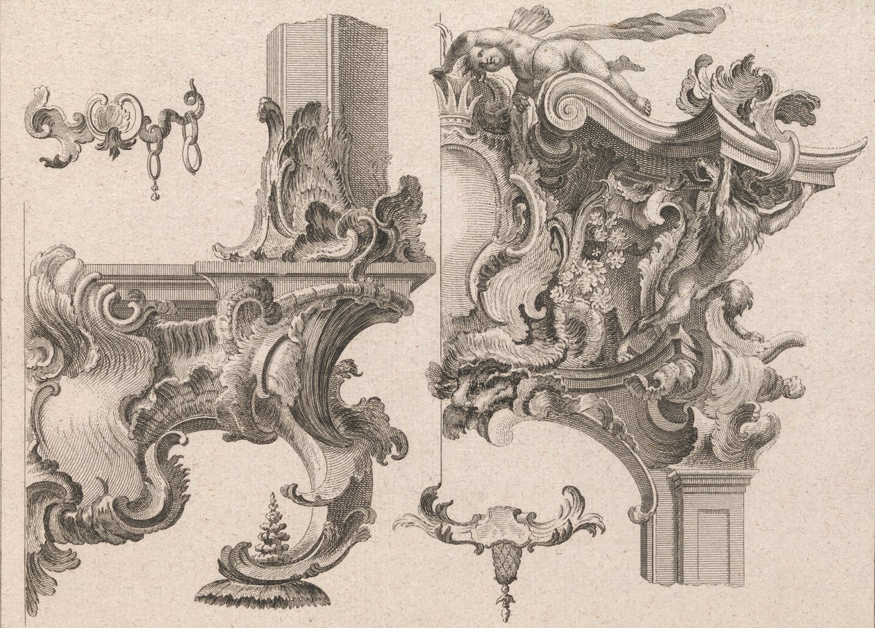 اقتراح لتزيين أسفل يمين وأعلى يمين إطار مذبح ... ، مطبوع ca. 1750-56. بواسطة وولفجانج كريستوف ماير