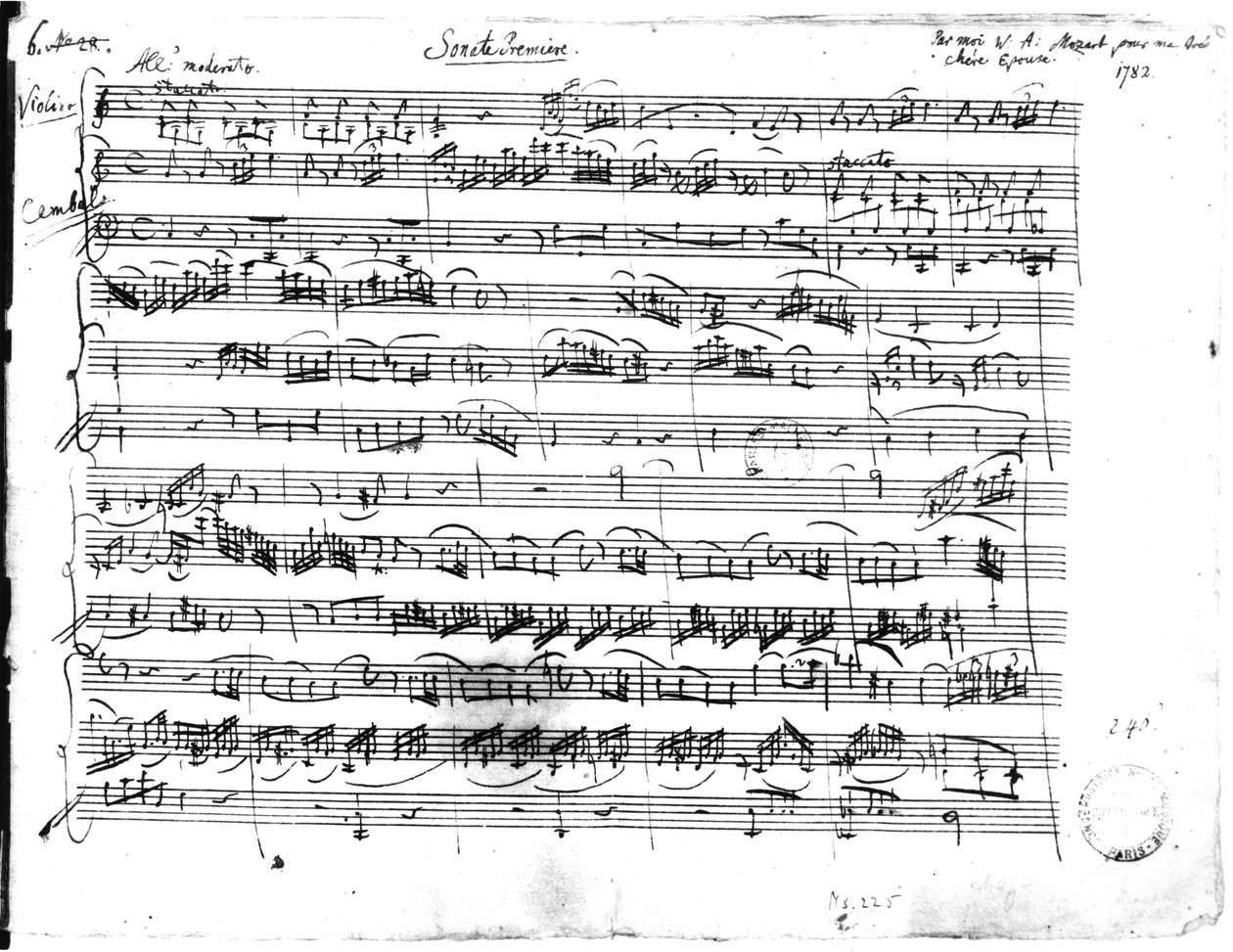 Ms225 Sonate Premiere للكمان و harpsichord في C الكبرى (K 403) 1782 بواسطة فولفغانغ أماديوس موزارت