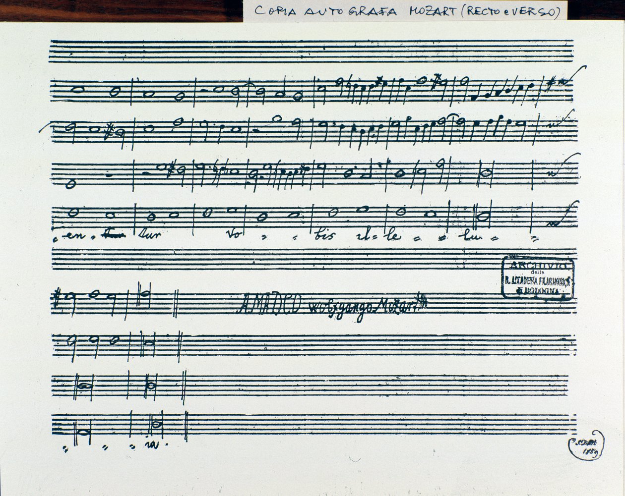 صفحة النوتة الموسيقية لـ Querite primum regnum Dei بواسطة Mozart للحصول على لقب Accademia filarmonico ، تم تصحيح النسخة بواسطة الأب مارتيني (1770) بواسطة فولفغانغ أماديوس موزارت