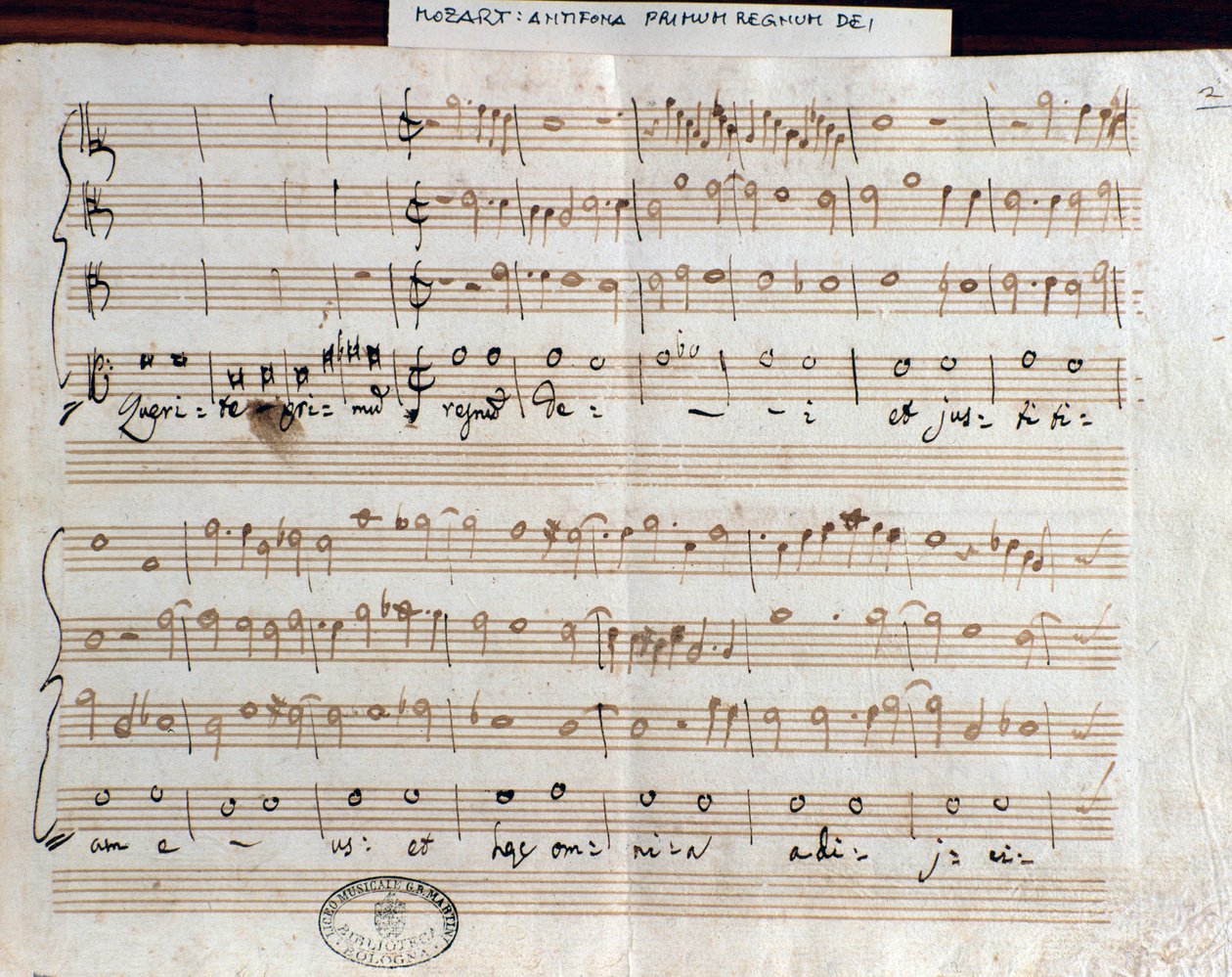 ابحث عن الصفحة الأولى من ورقة الموسيقى من قبل Mozart Kingdom للحصول على عنوان Accademico filarmonica (1770) بواسطة فولفغانغ أماديوس موزارت
