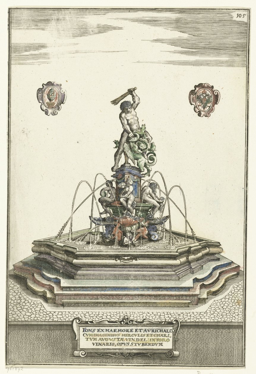 حوض سداسي على ارتفاع مع درج Fons ex marmore et avrichalc (...) (العنوان على الكائن) أركيتكتورا كوريوسا نوفا (عنوان السلسلة) بواسطة فولفجانج كيليان