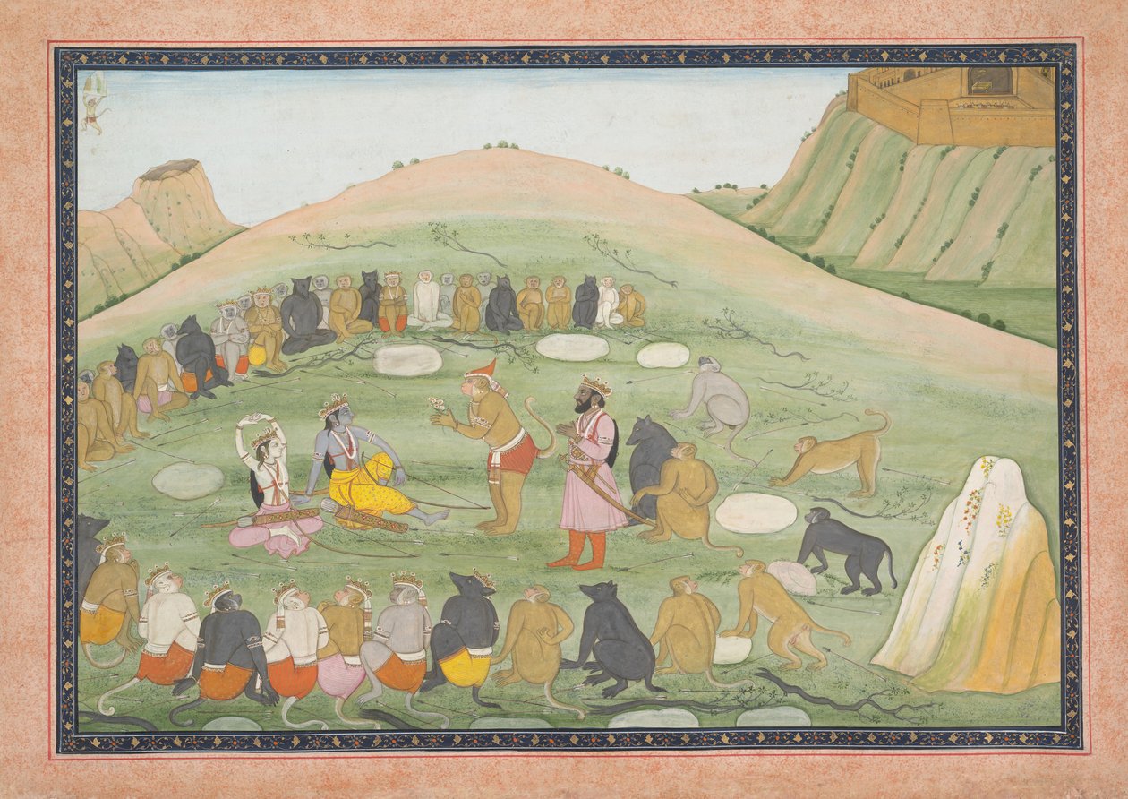 هانومان يحيي راما ولاكشمان بالأعشاب الطبية: ورقة مصورة ... ، كاليفورنيا. 1790. بواسطة ورشة عمل نشطة في الجيل الأول بعد نينسوخ