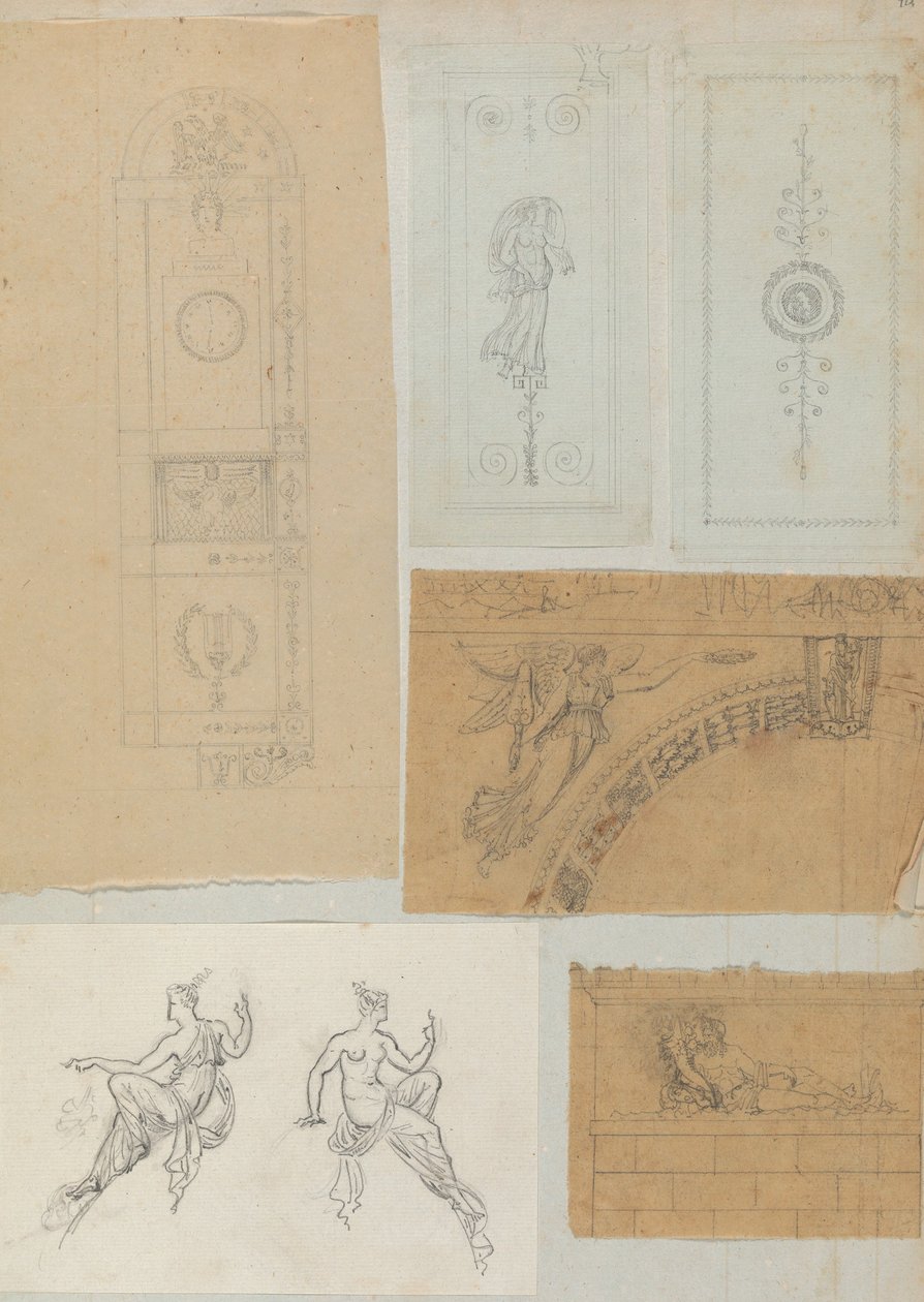 صفحة من دفتر قصاصات تحتوي على رسومات والعديد من المطبوعات المعمارية ، Int ... ، كاليفورنيا. 1800-1850. التأليف: ورشة عمل تشارلز بيرسييه ، ورشة عمل بيير فرانسوا ليونارد فونتين. بواسطة ورشة عمل تشارلز بيرسيير ، ورشة عمل بيير