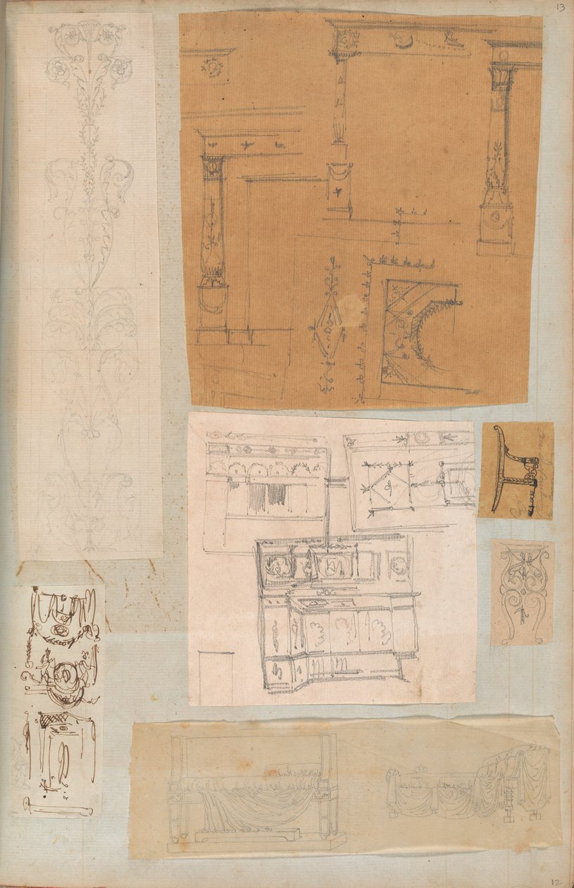 صفحة من دفتر قصاصات تحتوي على رسومات والعديد من المطبوعات المعمارية ، Int ... ، كاليفورنيا. 1800-1850. التأليف: ورشة عمل تشارلز بيرسييه ، ورشة عمل بيير فرانسوا ليونارد فونتين. بواسطة ورشة عمل تشارلز بيرسيير ، ورشة عمل بيير
