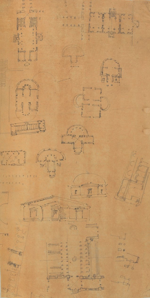 صفحة من دفتر قصاصات تحتوي على رسومات والعديد من المطبوعات المعمارية ، Int ... ، كاليفورنيا. 1800-1850. التأليف: ورشة عمل تشارلز بيرسييه ، ورشة عمل بيير فرانسوا ليونارد فونتين. بواسطة ورشة عمل تشارلز بيرسيير ، ورشة عمل بيير
