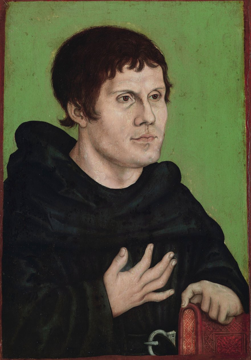 الألمانية: Posthumes Bildnis Martin Luthers (1483-1546) als Augustinermönch صورة بعد وفاته لمارتن لوثر كراهب أوغسطيني بواسطة ورشة لوكاس كراناش الأكبر