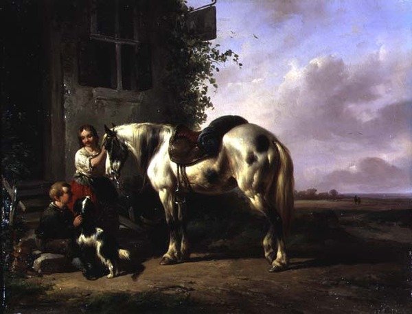 خارج نزل مع فتاة صغيرة ، ولد ، كلب ، حصان بواسطة Wouterus Verschuur