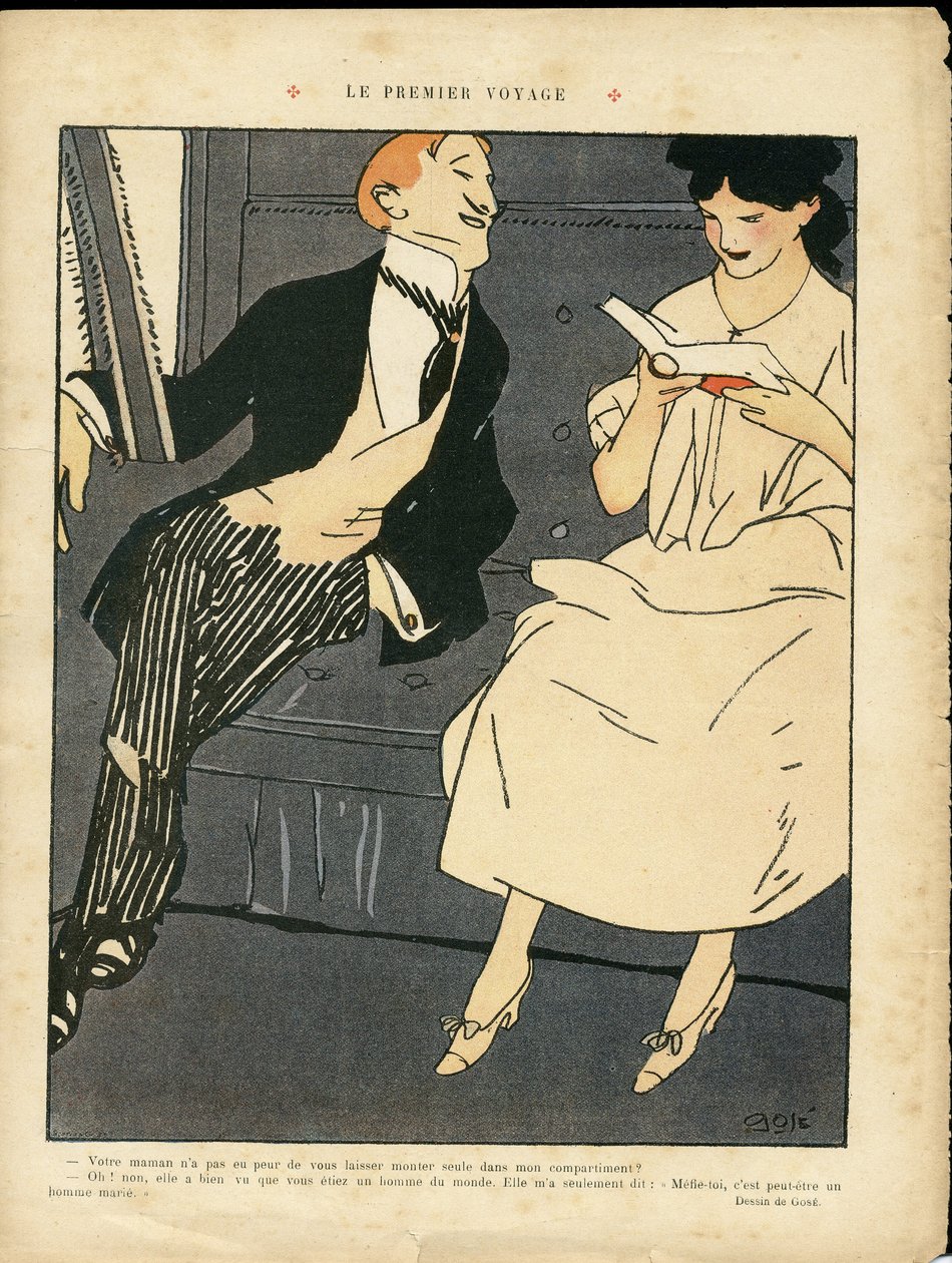 رسم توضيحي لـ Xavier Gose (1876-1915) في Le Lire ، 27/08/10 - الرحلة الأولى - قطار السكك الحديدية ، أزياء الرجال ، الزاني بواسطة كزافييه جوز
