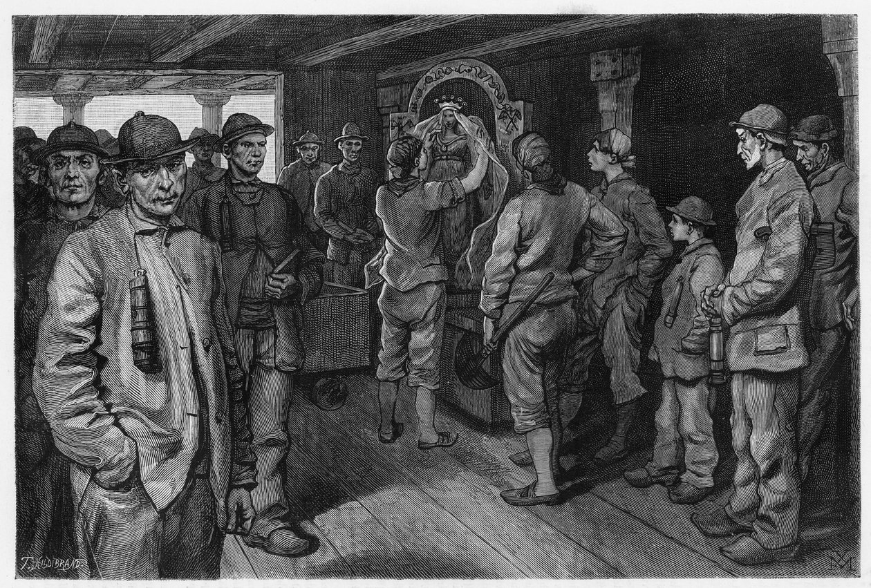 Charbonniere depicting the statue of Saint Barbe, patron saint of miners and firefighters, at the annual fair in her honour. Engraving by X.Mellery, to illustrate the story “” Belgium””, by Camille Lemonnier (1844-1913) Belgian writer. Published in Le Tour بواسطة كزافييه ميليري