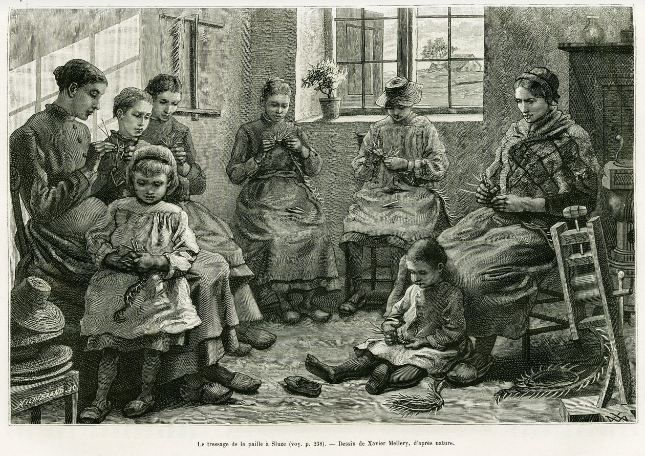 تجديل القش لديه Sluze. نقش لـ Xavier Mellery لتوضيح قصة La Belgique ، بقلم كاميل ليمونير ، في le Tour du monde 1886 ، من إخراج إدوارد شارتون (1807-1890) ، Hachette ، باريس. بواسطة كزافييه ميليري