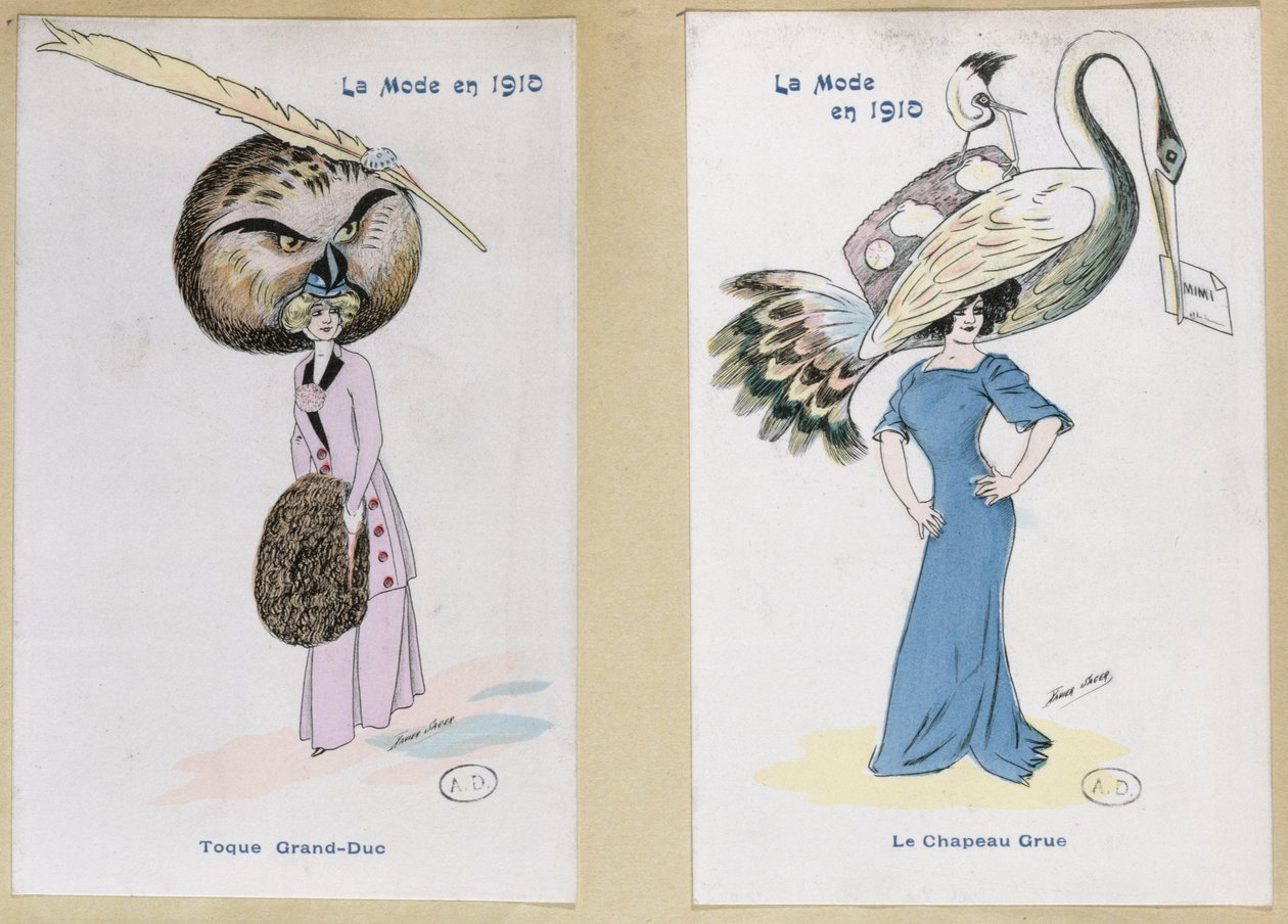 &39;The Eagle Owl Fur Hat&39; و &39;The Crane Hat&39; ، لوحات الأزياء الكرتونية ، 1910 بواسطة كزافييه ساجر