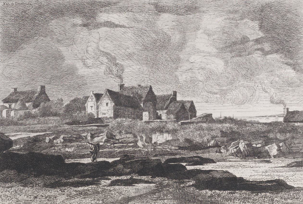 منظر ريفي مع نهر يجري على اليمين ومنازل في الخلفية ، 1845-1875. بواسطة كزافييه دي دانانش